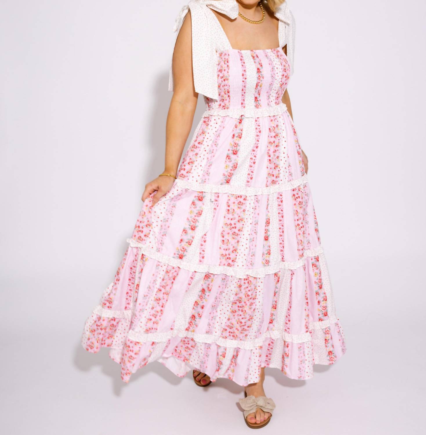Peach Love - Sunny Strolls Floral Smocked Tiered Maxi Dress