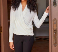 Karen Kane Long Sleeve Ribbed Drape Front Crossover Top in off white - women's long sleeve top - view 4