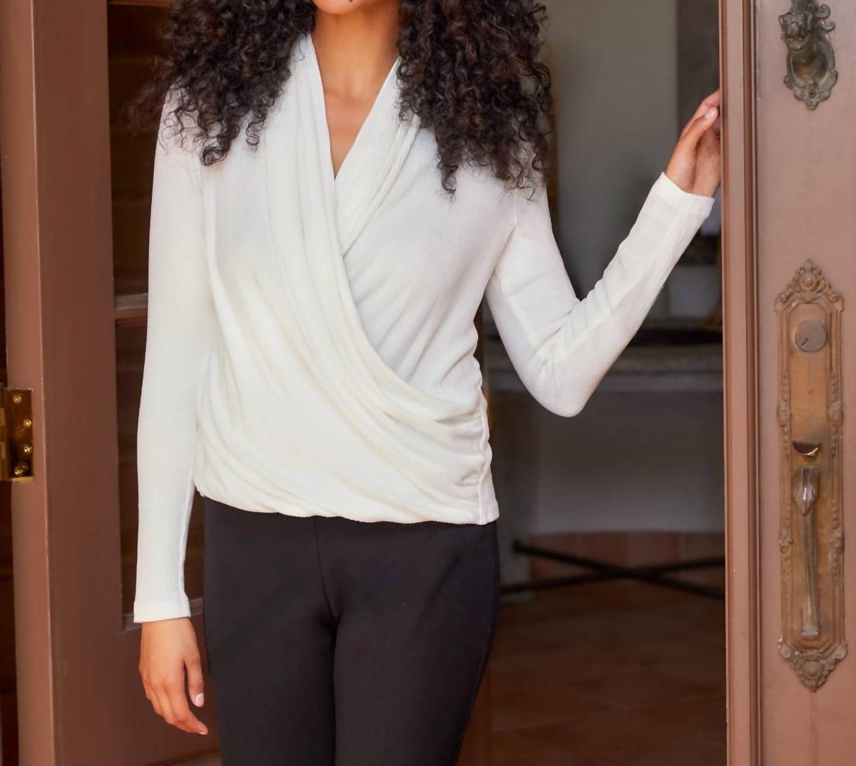 Karen Kane Long Sleeve Ribbed Drape Front Crossover Top in off white - women's long sleeve top - view 4