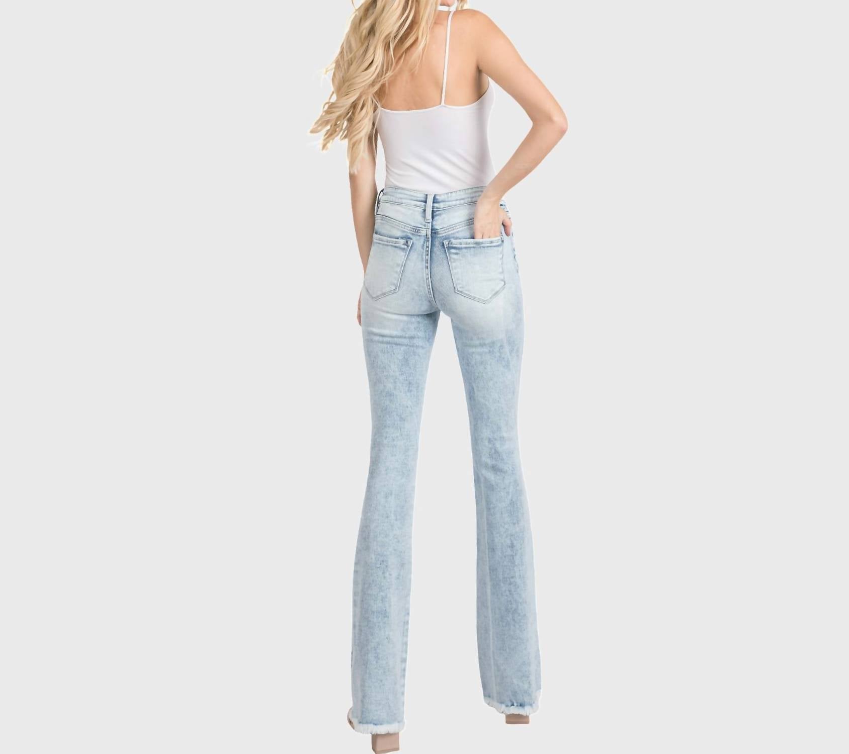 Petra153 - Women's Distressed Mid Rise Flare Jean - Petite