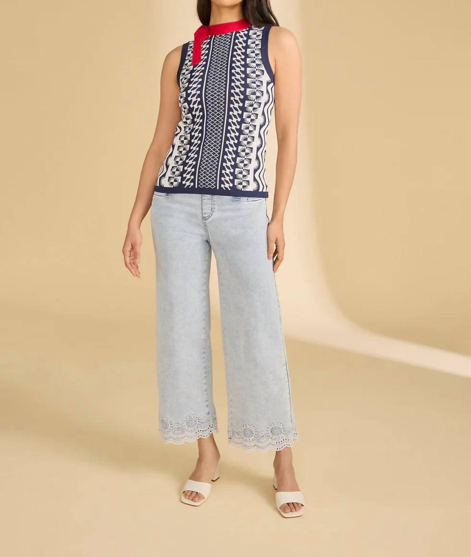 Fdj - Embroidered Pull On Wide Leg Jeans