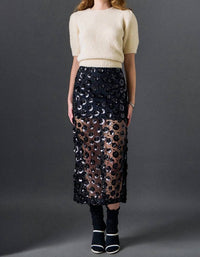 English Factory - Women's Flower Sequin Sheer Midi Skirt