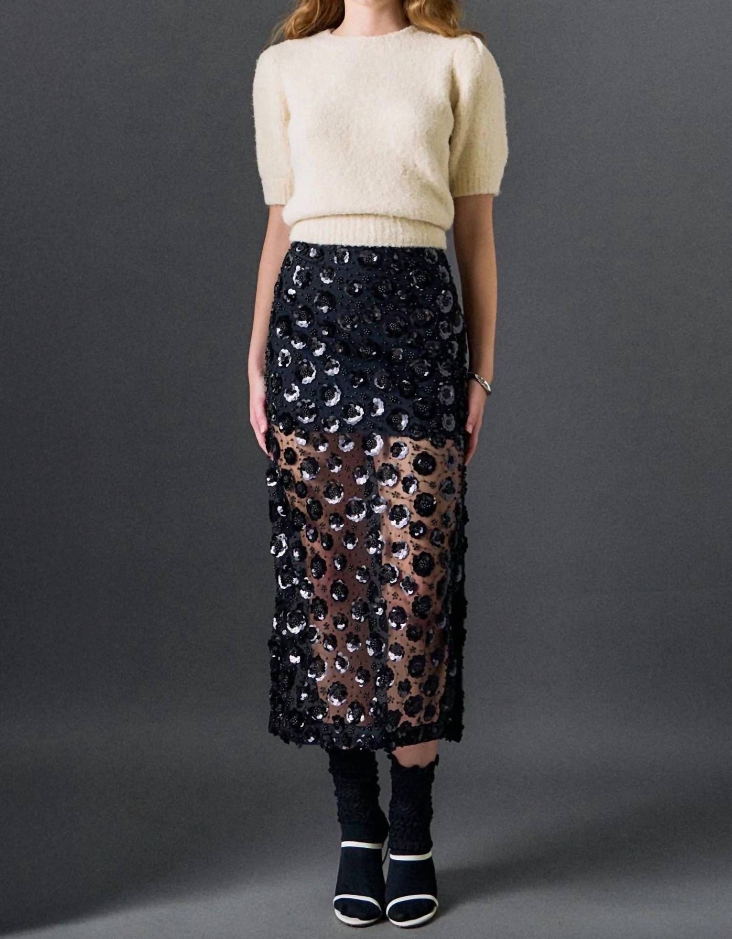 English Factory - Women's Flower Sequin Sheer Midi Skirt