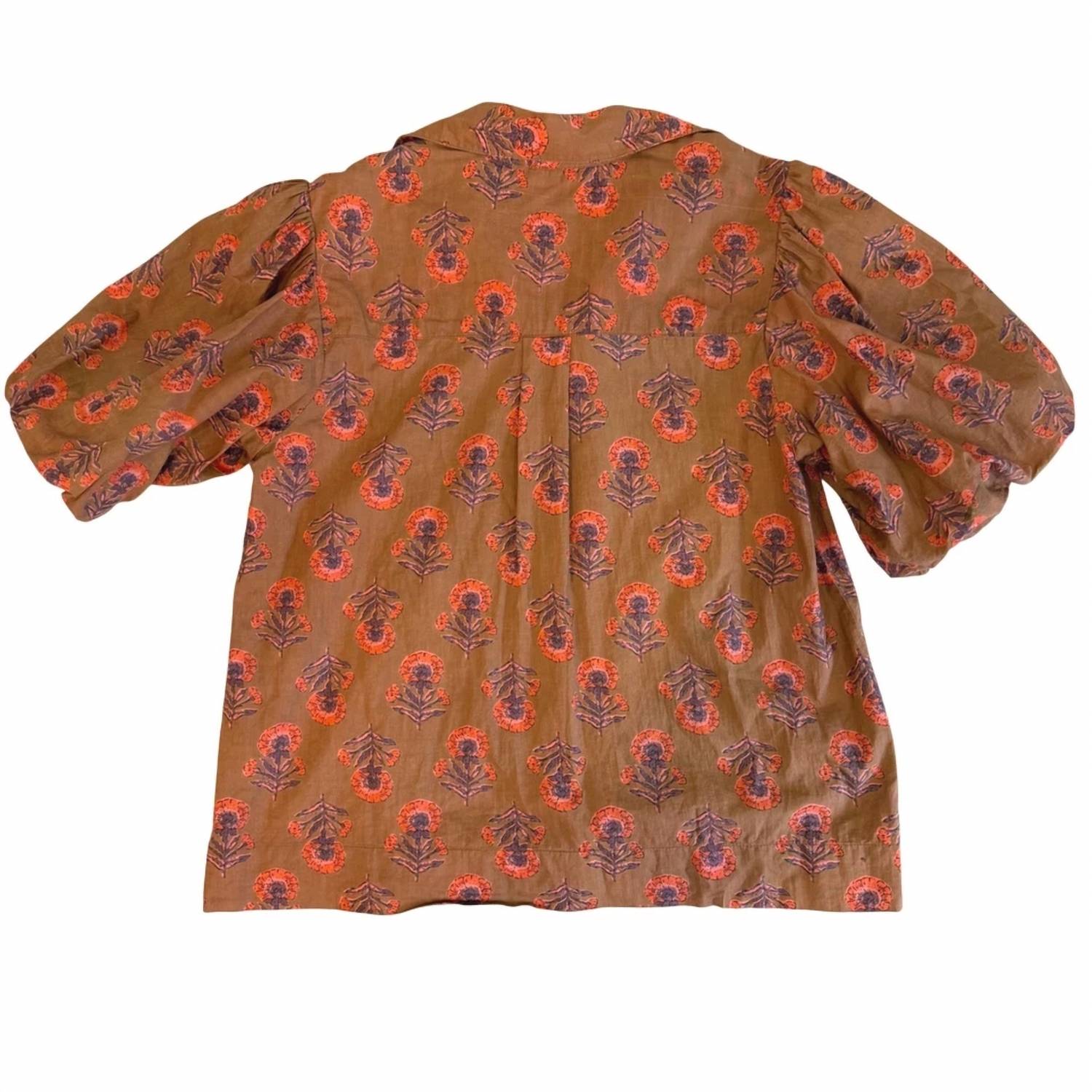 Sister Mary Sophie Floral Embroidered Puff Sleeve Cotton Blouse in copper brown - women's blouse - detail view