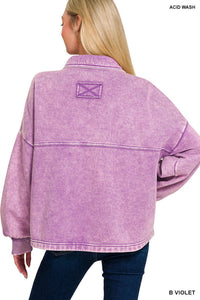 Zenana - Acid Wash Fleece Cropped Shacket With Front Pockets