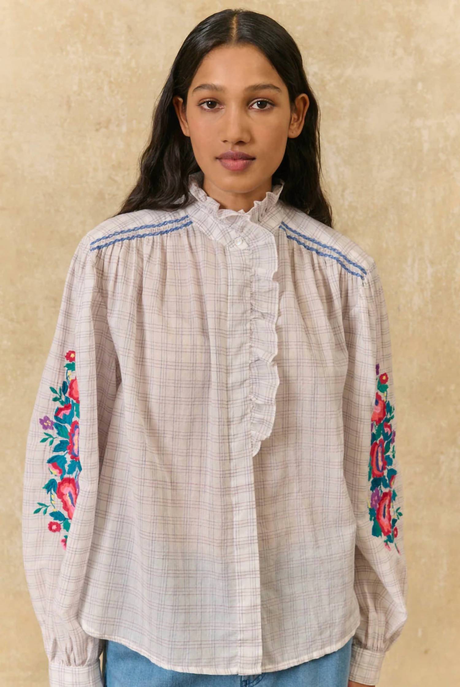 Louise Misha - Cora Cruise Checks Shirt With Embroidery