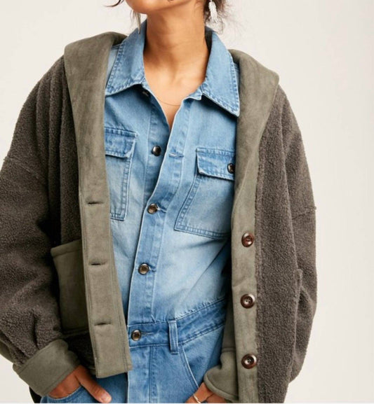 Listicle - Mixed Fabric Button Down Jacket