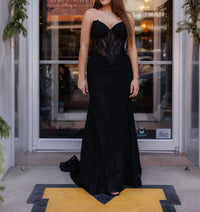 Sherri Hill Strapless Fitted Hot Fix Lace Prom Dress in black - women's dress - detail view