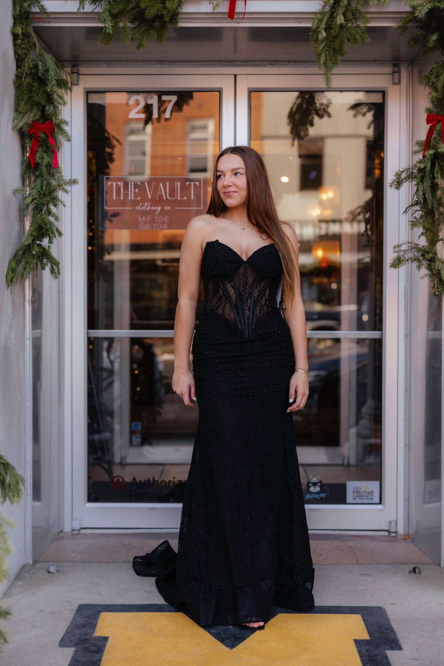 Sherri Hill Strapless Fitted Hot Fix Lace Prom Dress in black - women's dress - alternate view