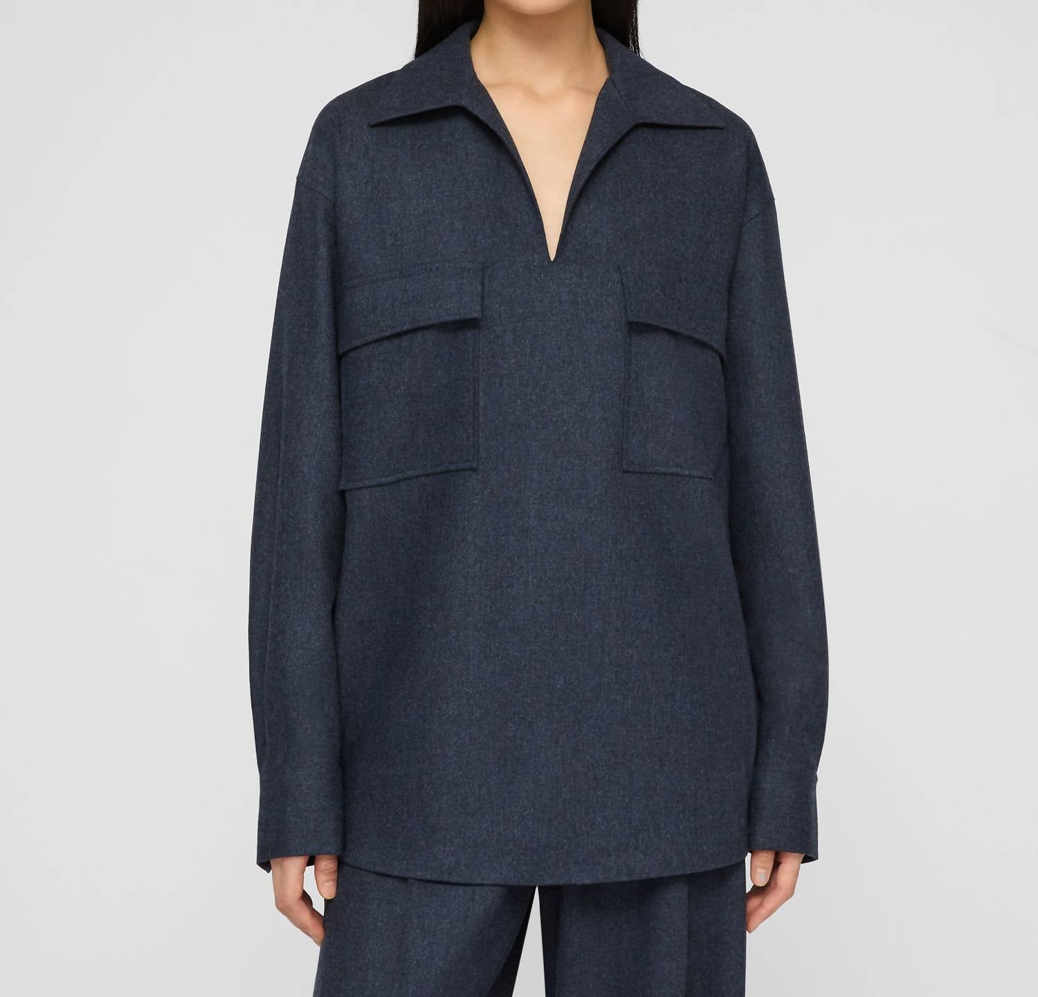 Lafayette 148 Patch Pocket Popover Blouse in admiral blue - women's sweater