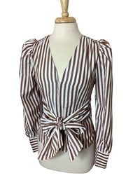 Tea & Cup - Women's Striped Tie Waist Zip Front Puff Sleeve Blouse
