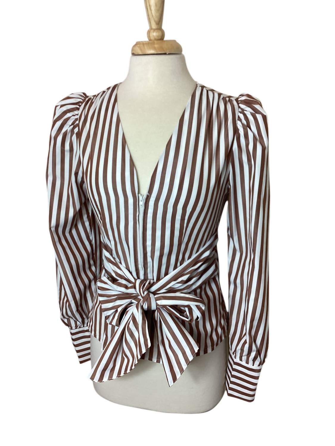 Tea & Cup - Women's Striped Tie Waist Zip Front Puff Sleeve Blouse