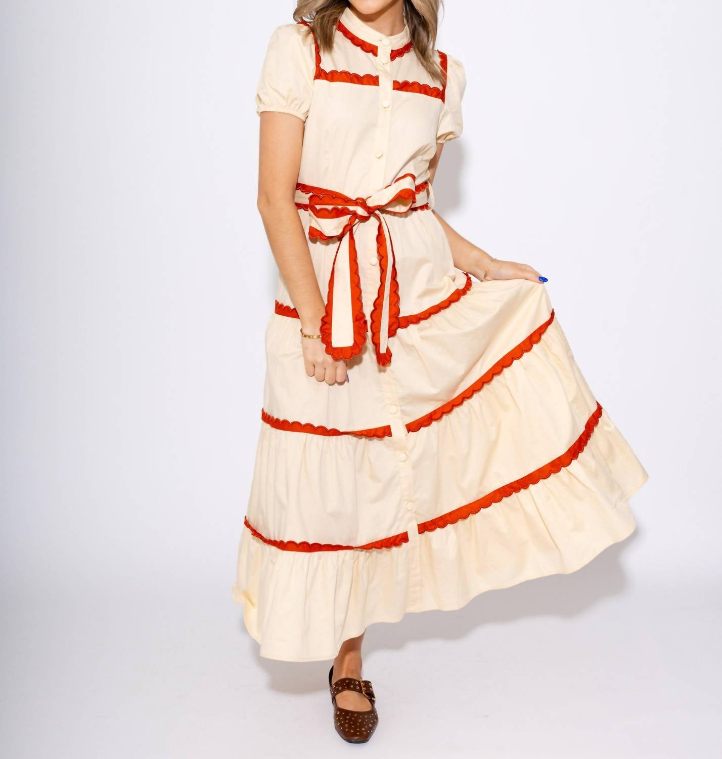 Tcec - Scallop and Stitch Bow Tie Tiered Midi Dress