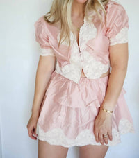 Mable - Marybeth Scalloped Lace Trim Crop Top And Shorts Set