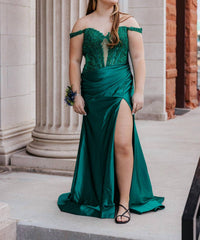 Sherri Hill Off The Shoulder Fitted Prom Dress in emerald - women's dress - detail view