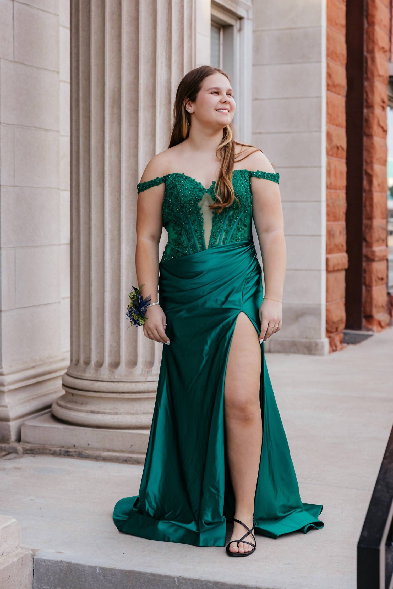 Sherri Hill Off The Shoulder Fitted Prom Dress in emerald - women's dress - alternate view
