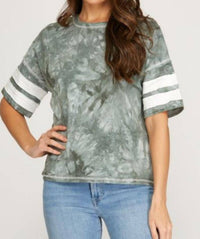 SHE + SKY Women's Short Sleeve Knit Tie Dyed Print Top in slate - women's t-shirt
