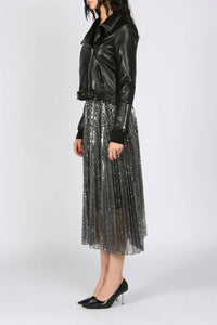 Beulah Rhinestones Embellished Vegan Leather Biker Jacket in black - women's jacket - detail view