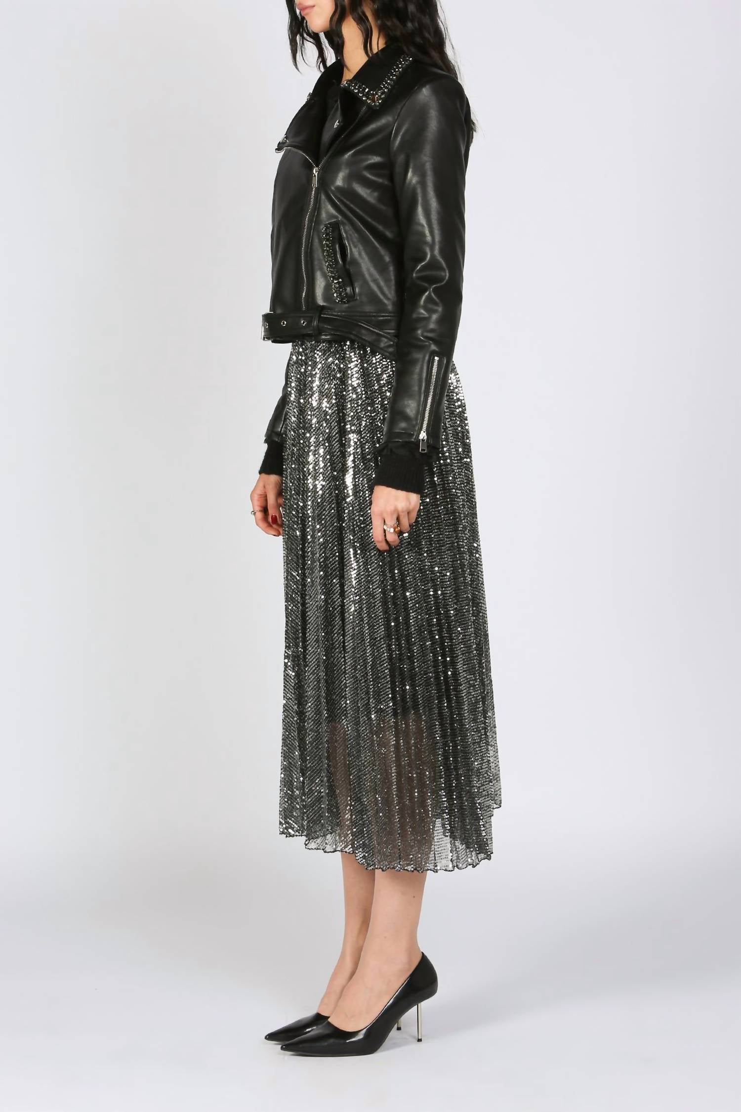 Beulah Rhinestones Embellished Vegan Leather Biker Jacket in black - women's jacket - detail view