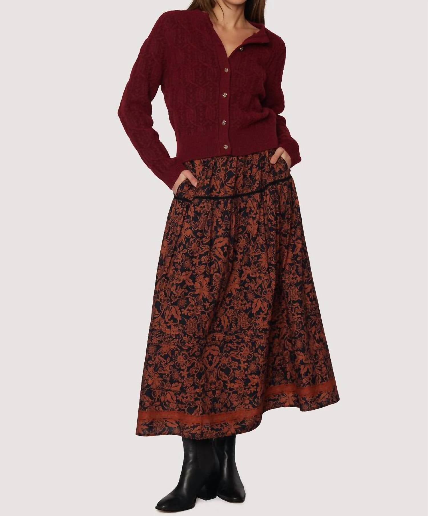 LOST + WANDER Lady Siena Maxi Skirt in brown floral - women's skirt - detail view