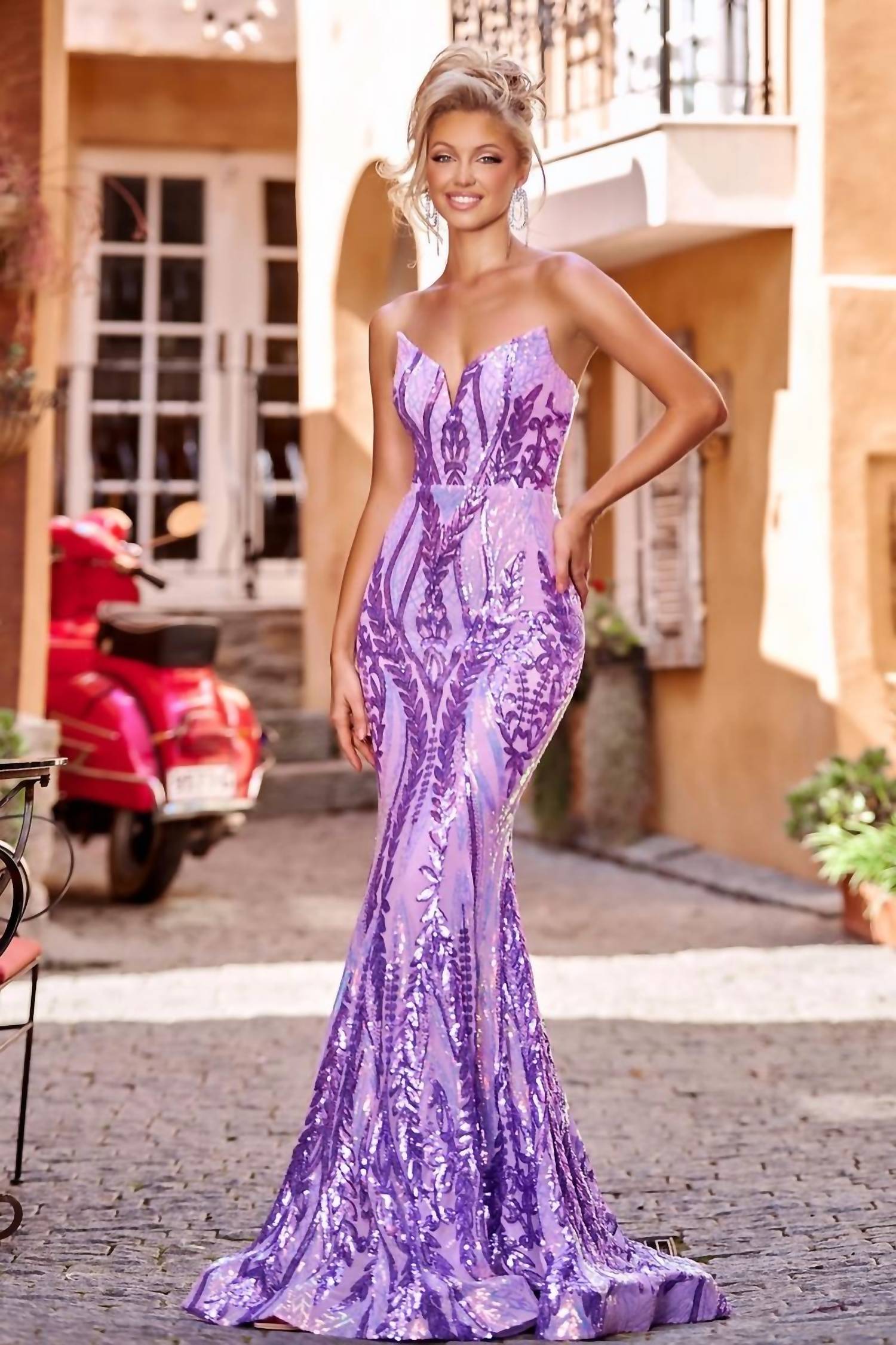 Portia&Scarlett - Deep V Neck Geometric Beaded Prom Gown
