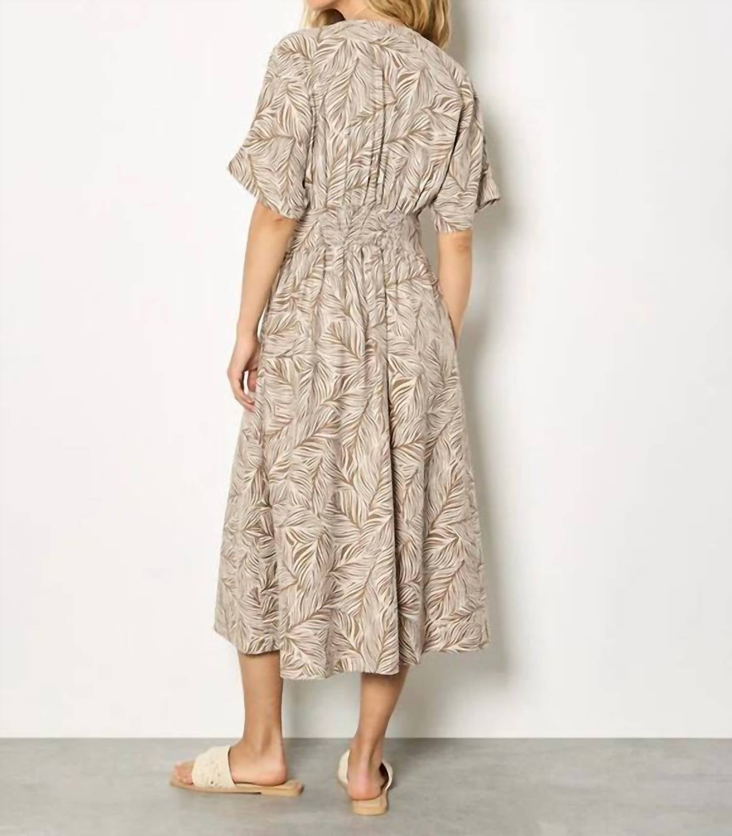 Apricot - Leaf Print Midi Shirt Dress