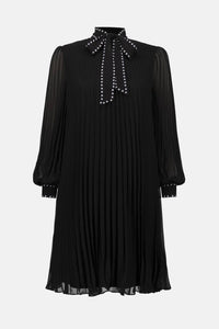 Joseph Ribkoff - Pleated Chiffon A-Line Dress with Neck Tie