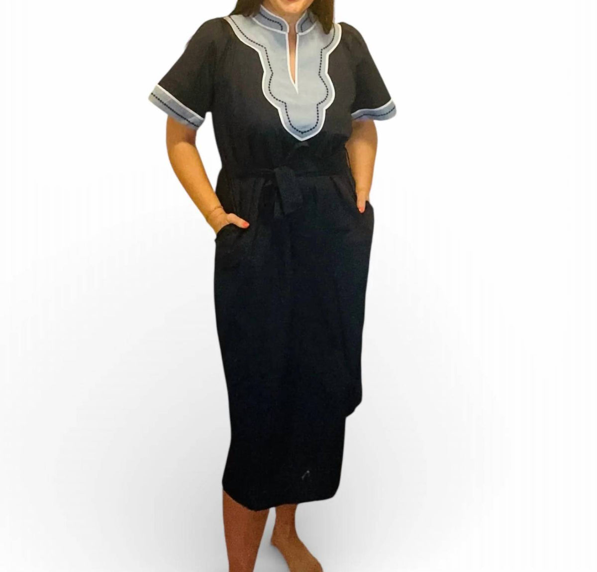 Thml - Caroline Short Sleeve Trimmed V-neck Belted Dress