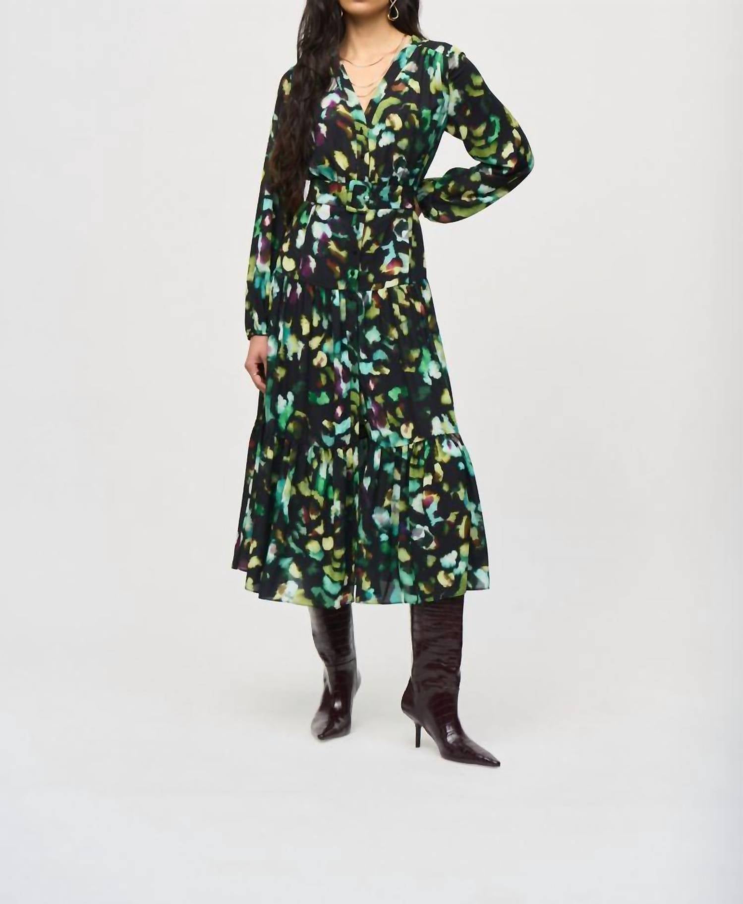 Joseph Ribkoff - Abstract Camo Belted A-line Midi Dress
