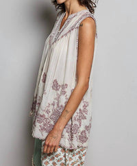 Pol - Embroidered V Neck Sleeveless Elastic Loop Shirring Top