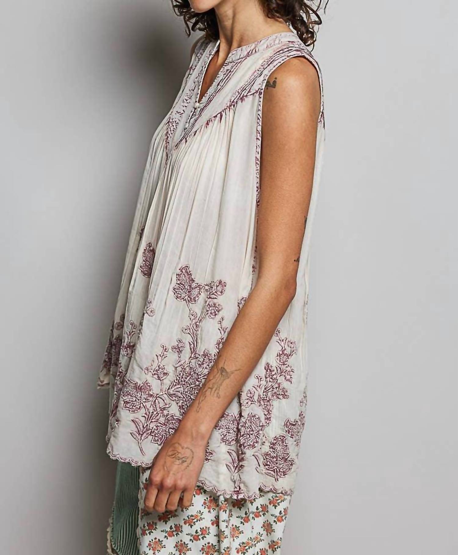 Pol - Embroidered V Neck Sleeveless Elastic Loop Shirring Top