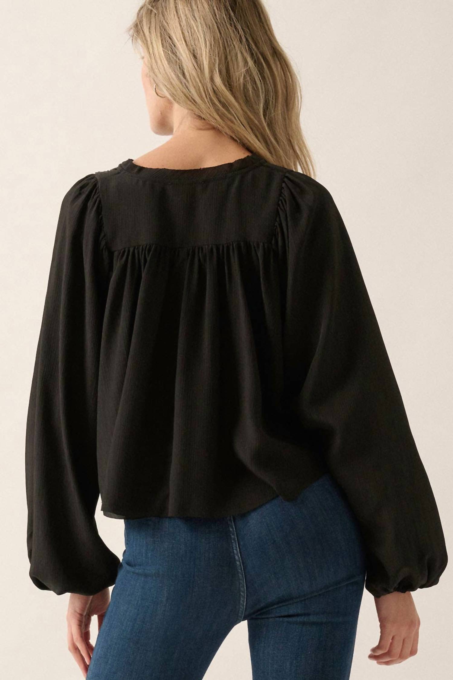 Promesa - Women's Solid Crepe V Neck Pleated Yoke Peasant Top