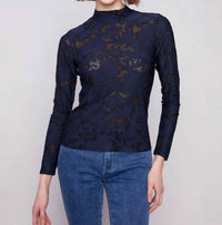 CHARLIE B Long Sleeve Burnout Mesh Mock Neck Top in blue - women's blouse - detail view
