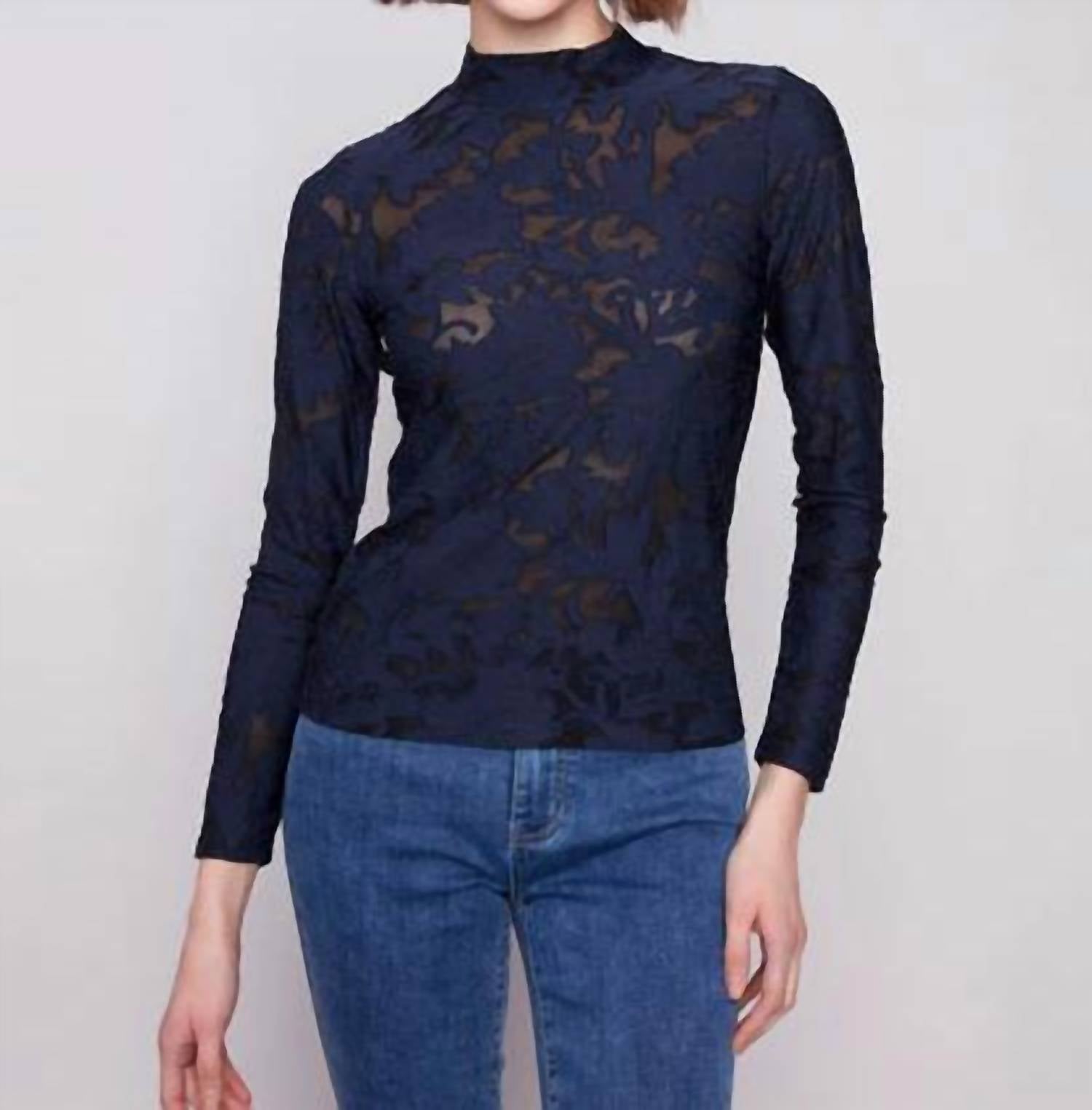 CHARLIE B Long Sleeve Burnout Mesh Mock Neck Top in blue - women's blouse - detail view