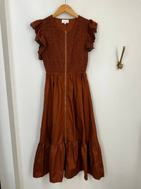 entro Women's Front Zippered Flutter Midi Dress in caramel - women's dress