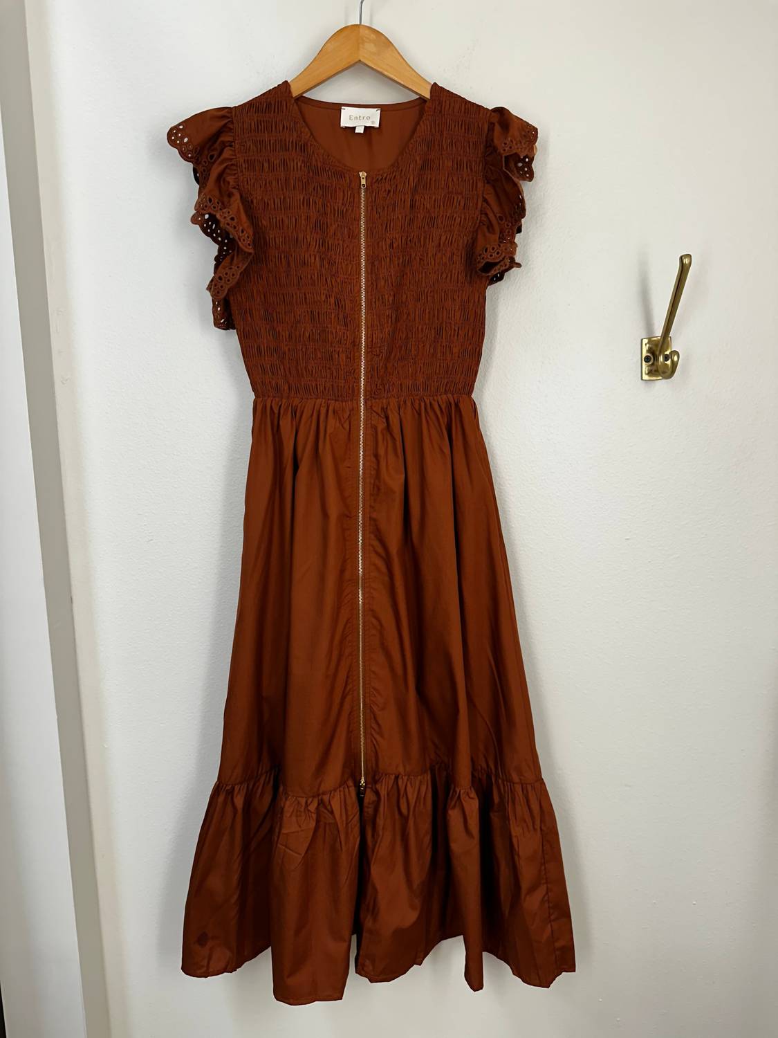 entro Women's Front Zippered Flutter Midi Dress in caramel - women's dress