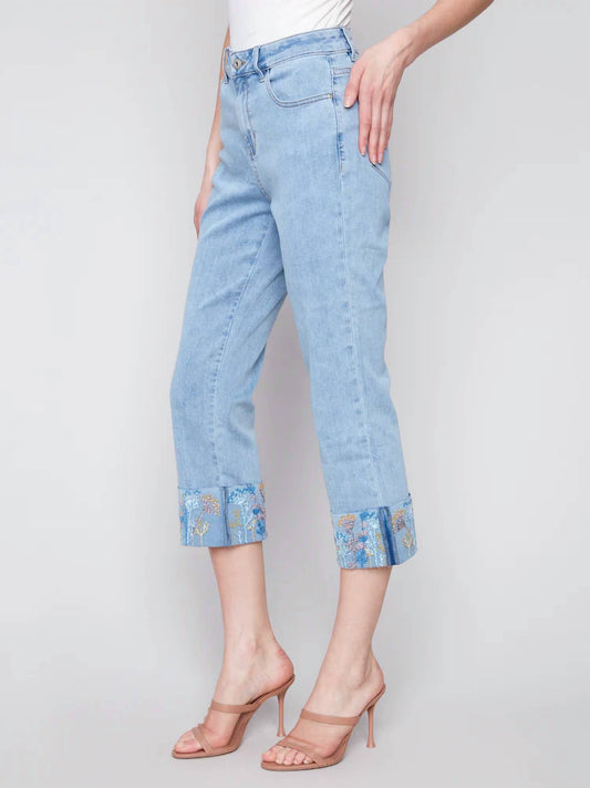 Charlie B - Embroidered Cuff Cropped Jean