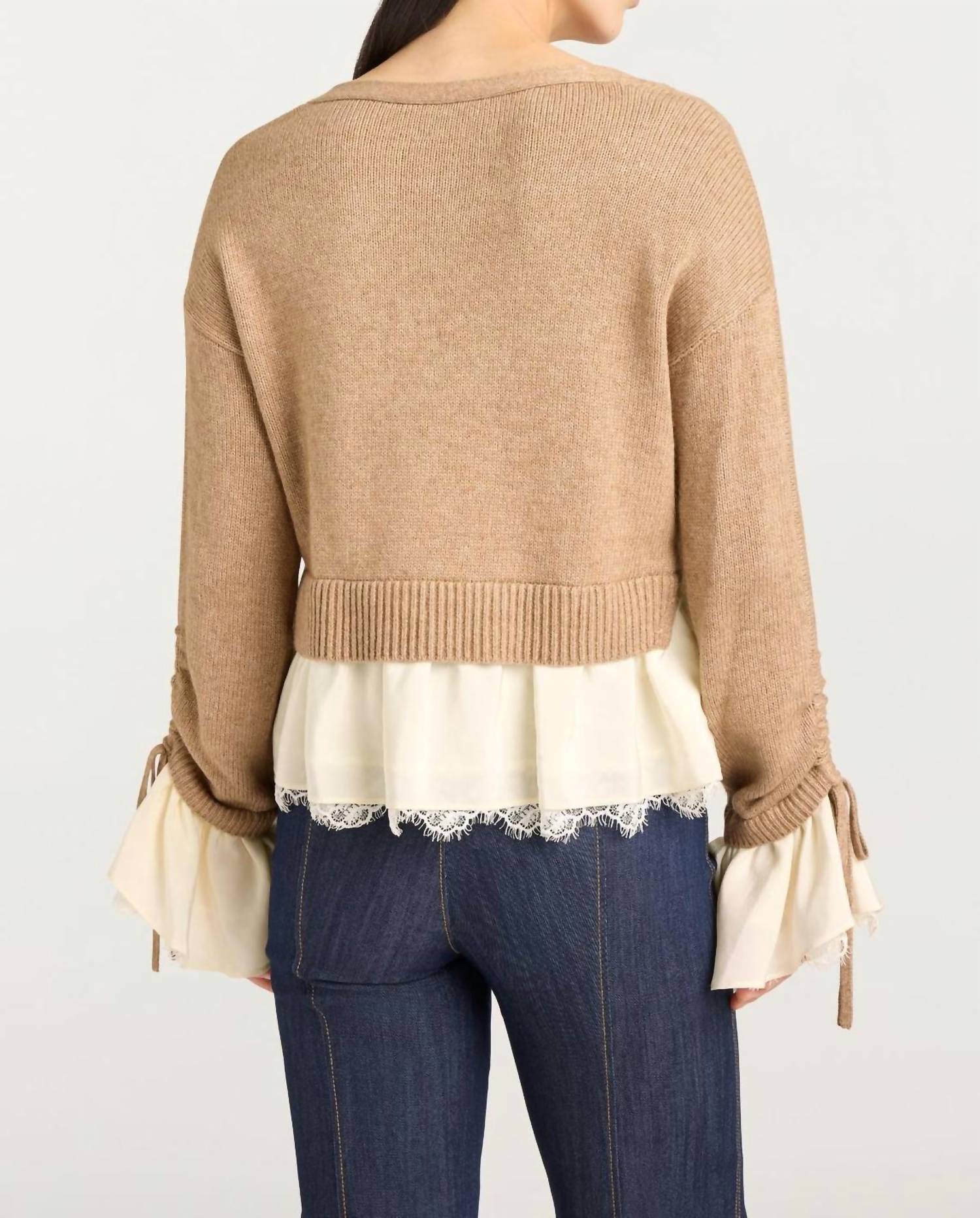 cinq a sept Atley Cropped Cardigan in cappuccino ivory - women's sweater - detail view
