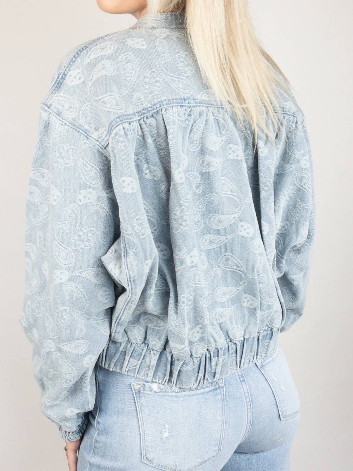 Mystree - Paisley Ruched Denim Bomber Jacket
