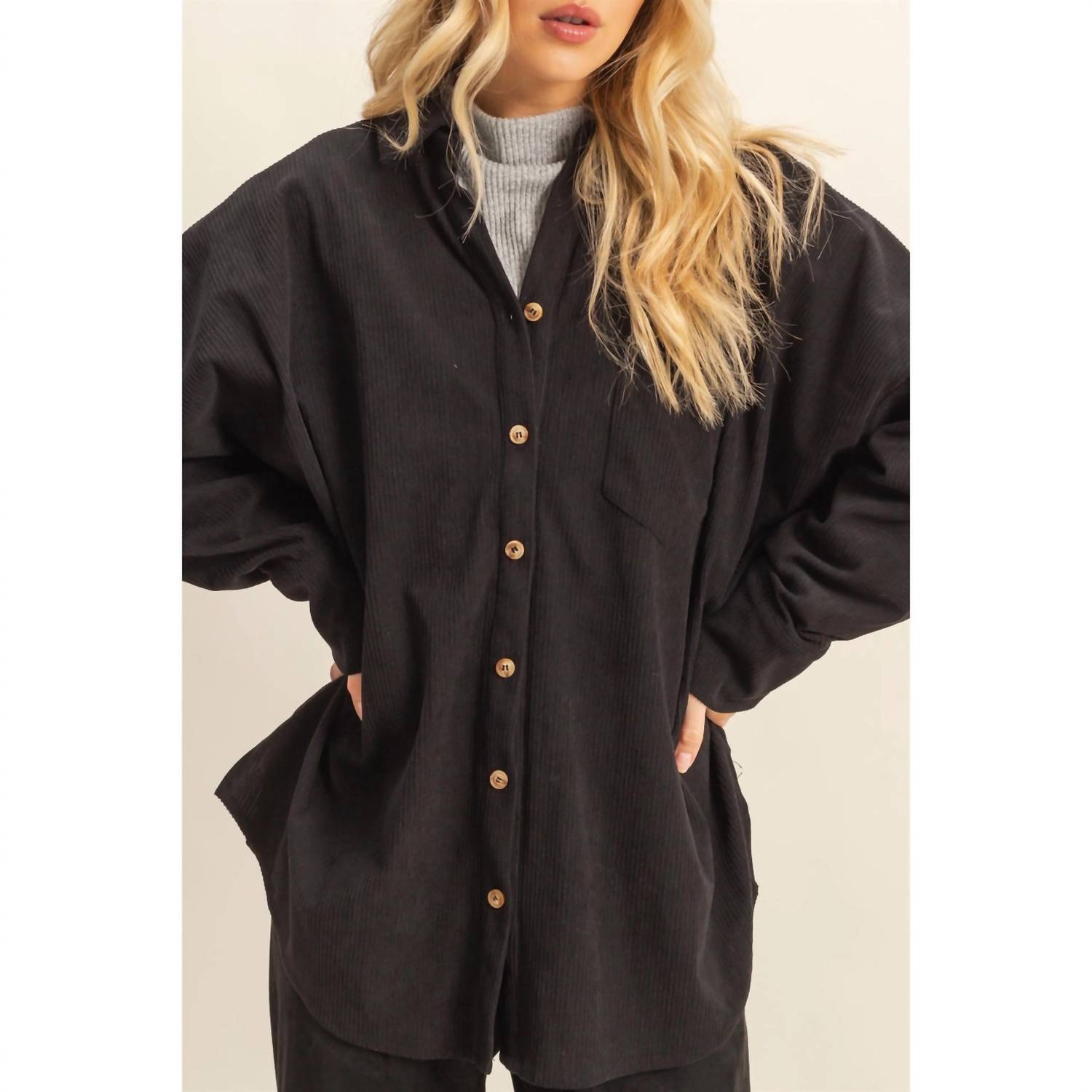 HYFVE Overslept Corduroy Shacket in black - women's jacket - view 4