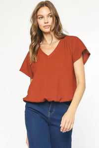 Entro - Gathered Hem Textured Short Sleeve Shirt
