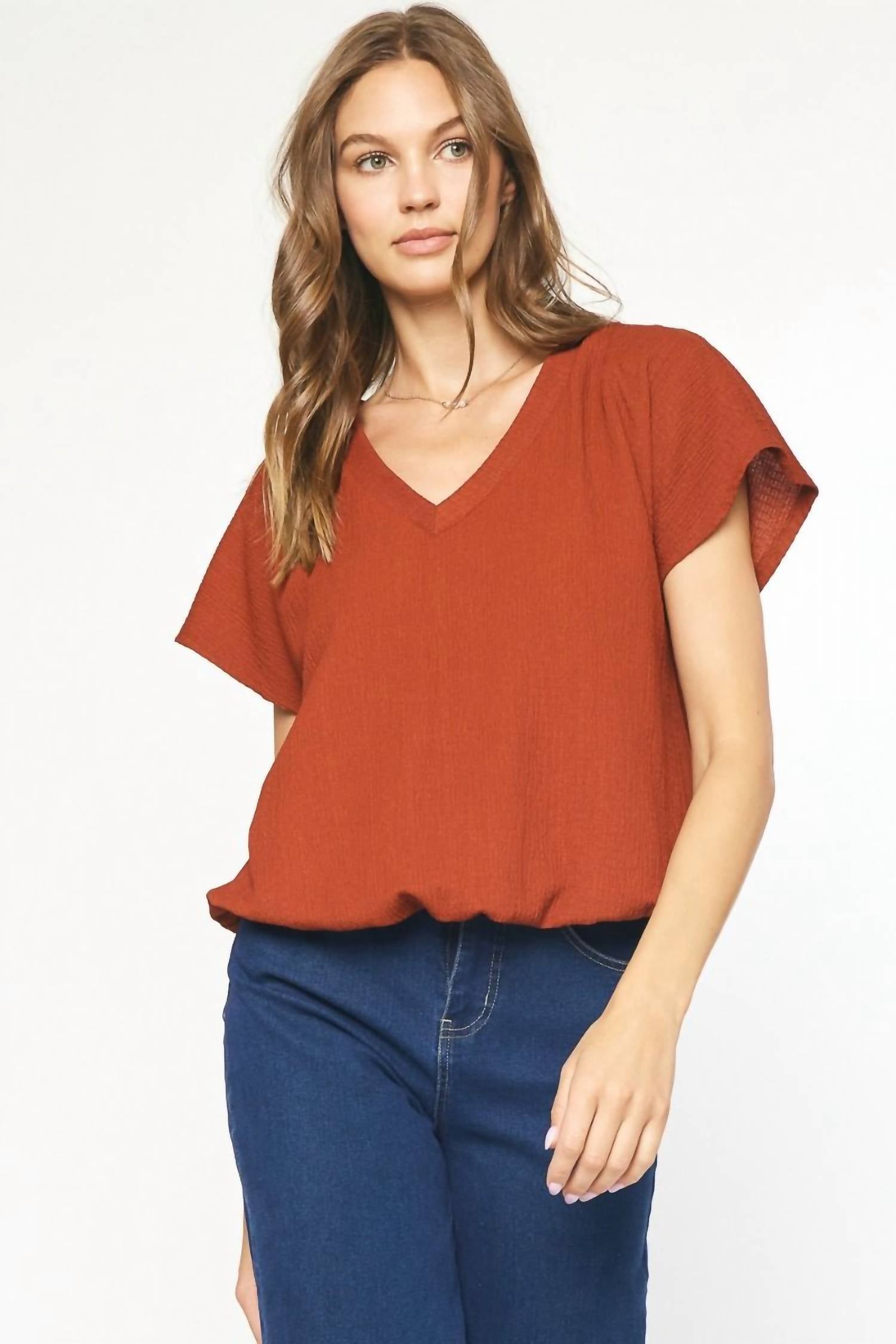 Entro - Gathered Hem Textured Short Sleeve Shirt