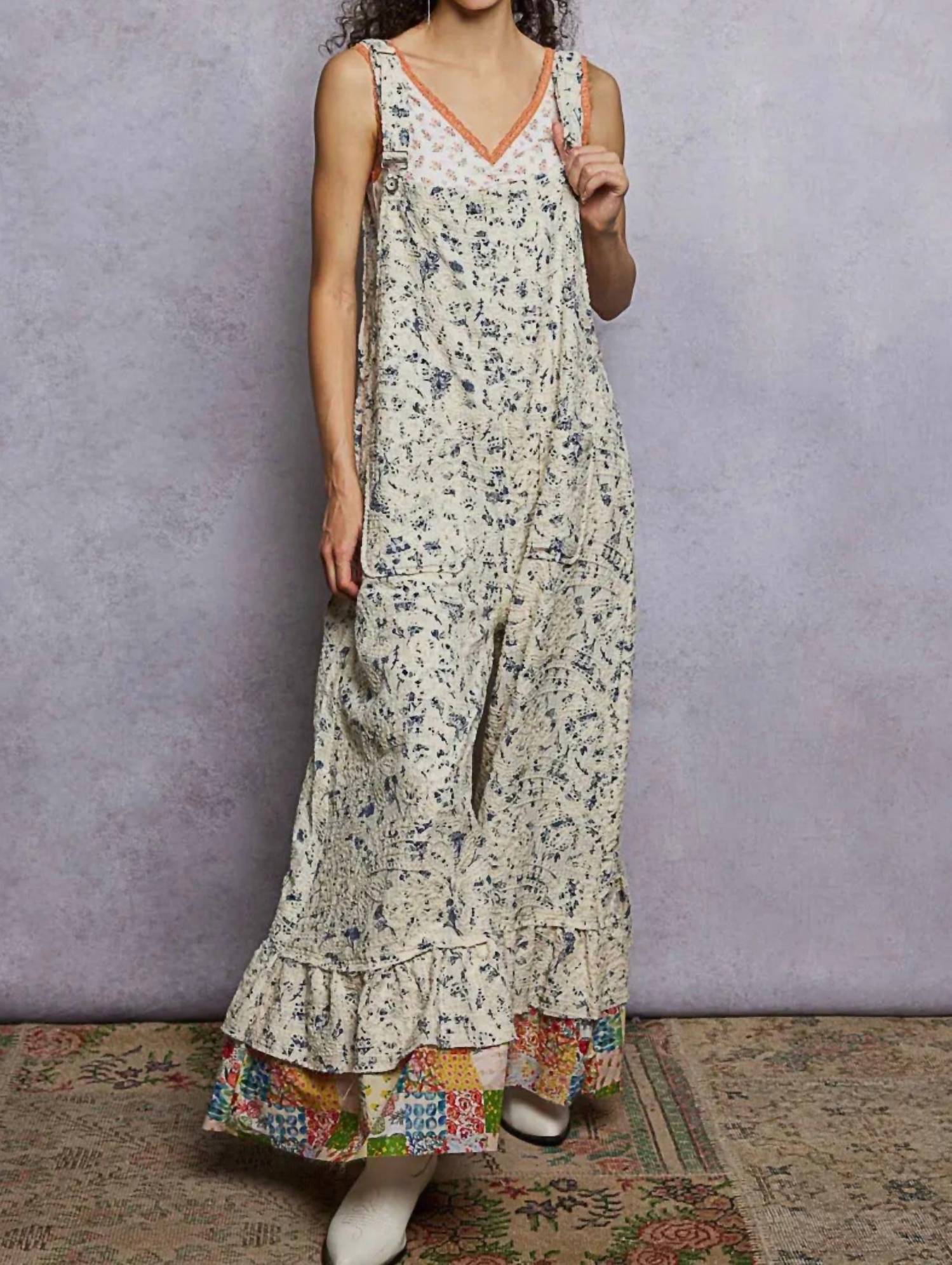 Pol - Sleeveless Embroidered Denim Contrast Ruffle Overalls