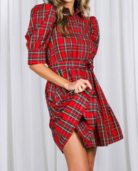 Vine & Love Plaid Short Puff Sleeve Mini Dress in red - women's dress - view 7