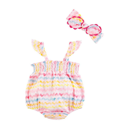 Mudpie - Girl's Rainbow Ric-rac Bubble Romper And Headband Set
