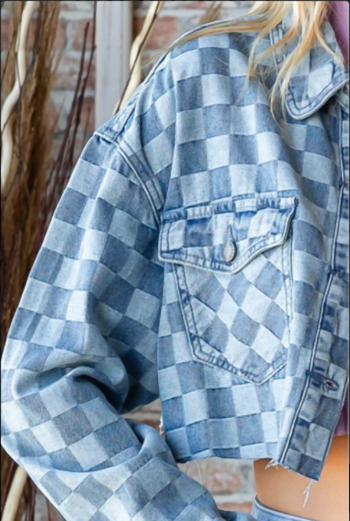 Veveret - Denim Check Print Crop Shirt Jacket