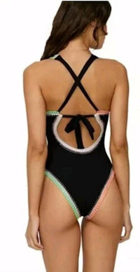 PQ Swim Solange Ferrarini Crochet Trim One Piece Swimsuit in black - women's swimwear - detail view