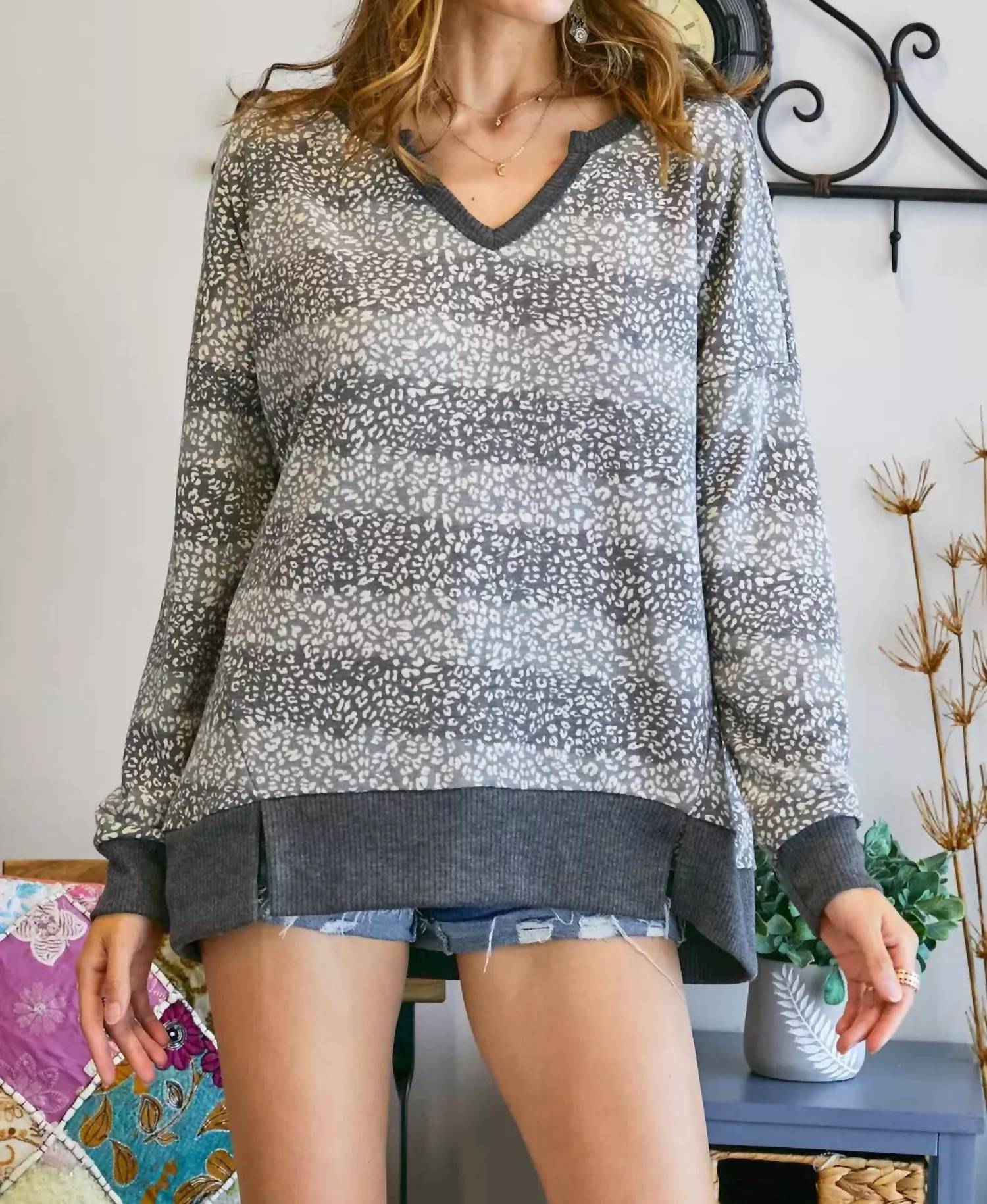 Cheetah V Neck Loose Fit Top Plus