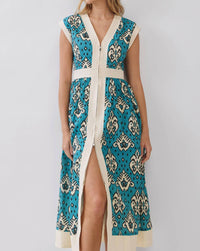 Tcec - Contrast Trim Printed Zip Front Midi Dress