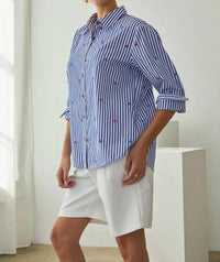 Skies Are Blue - Star Embroidered Striped Button-down Blouse